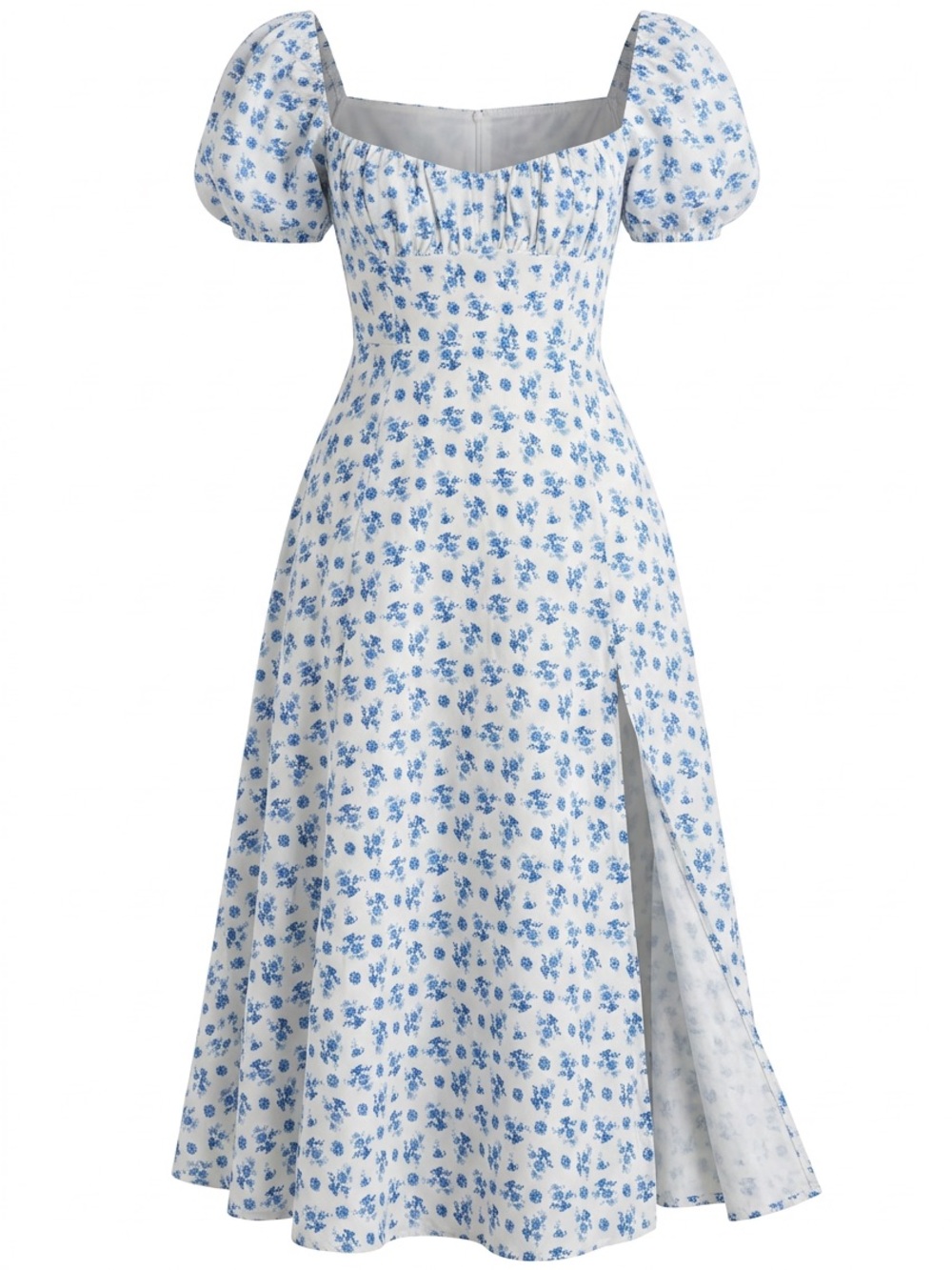 Square Neck Blue Floral Puff-Sleeve Midi Dress